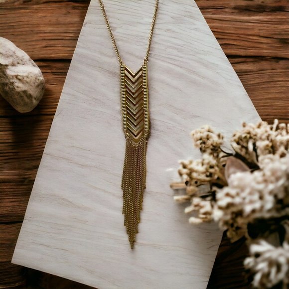 Vintage Chevron Arrows Statement Necklace Gold Tone Long Tassle Chain - Picture 1 of 8